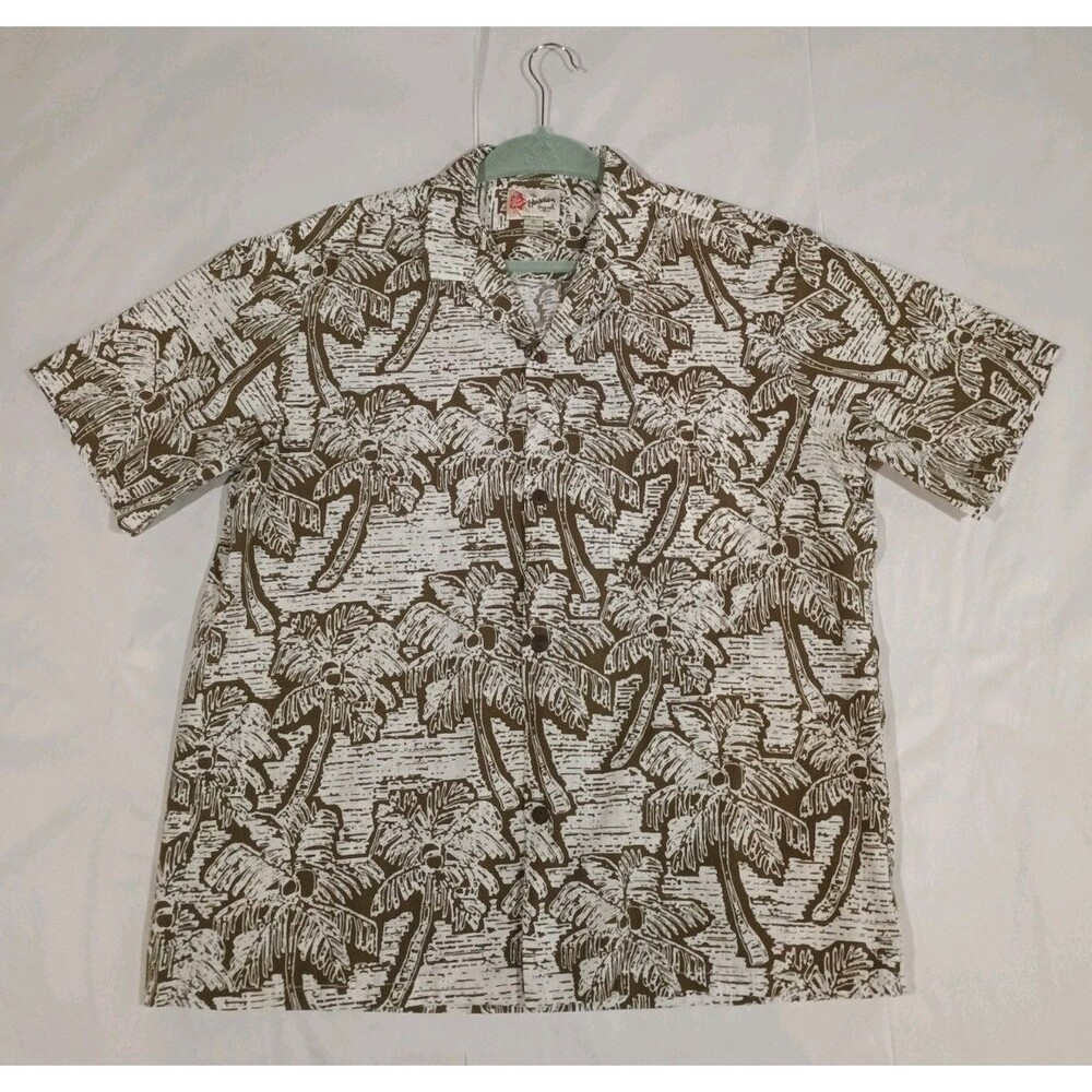 Vintage 1980s Hilo Hattie Hawaiian Shirt Mens XL Brown Palm Tree Toile